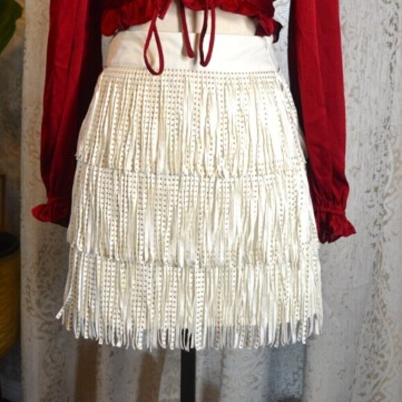 Blue B Collection Dresses & Skirts - Blue B White Faux Leather Fringe Studded Mini Skirt size small